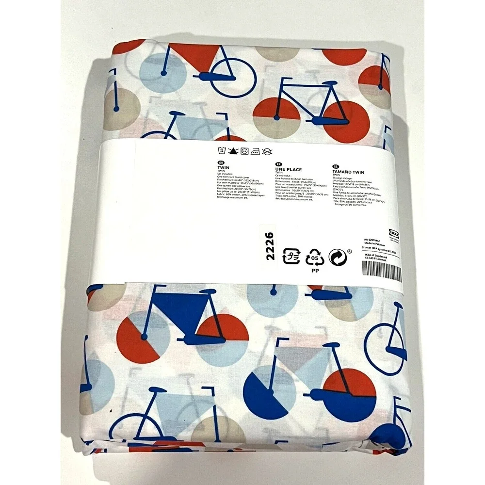Ikea Sportslig Twin Duvet Cover + 1 Pillowcase Bicycle Pattern White Blue Orange